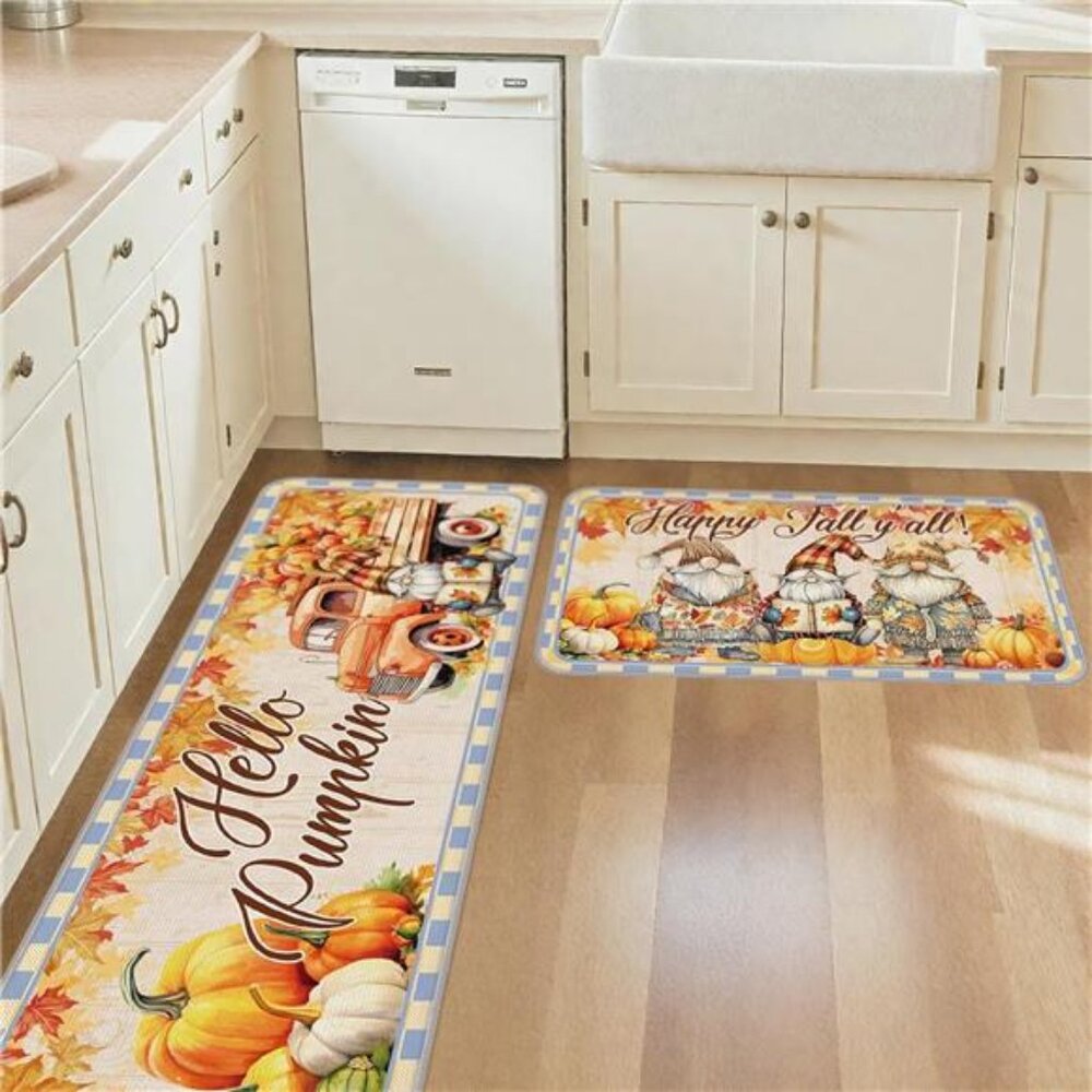 Hello Pumpkin Fall Kitchen Mats - Autumn Fall Kitchen Rugs Set of 2 Vintage